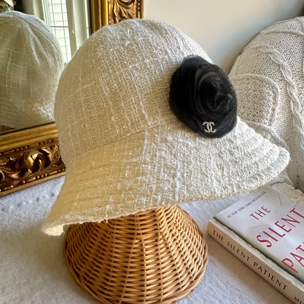 Chanel Cream Tweed Hat with Black Floral Detail